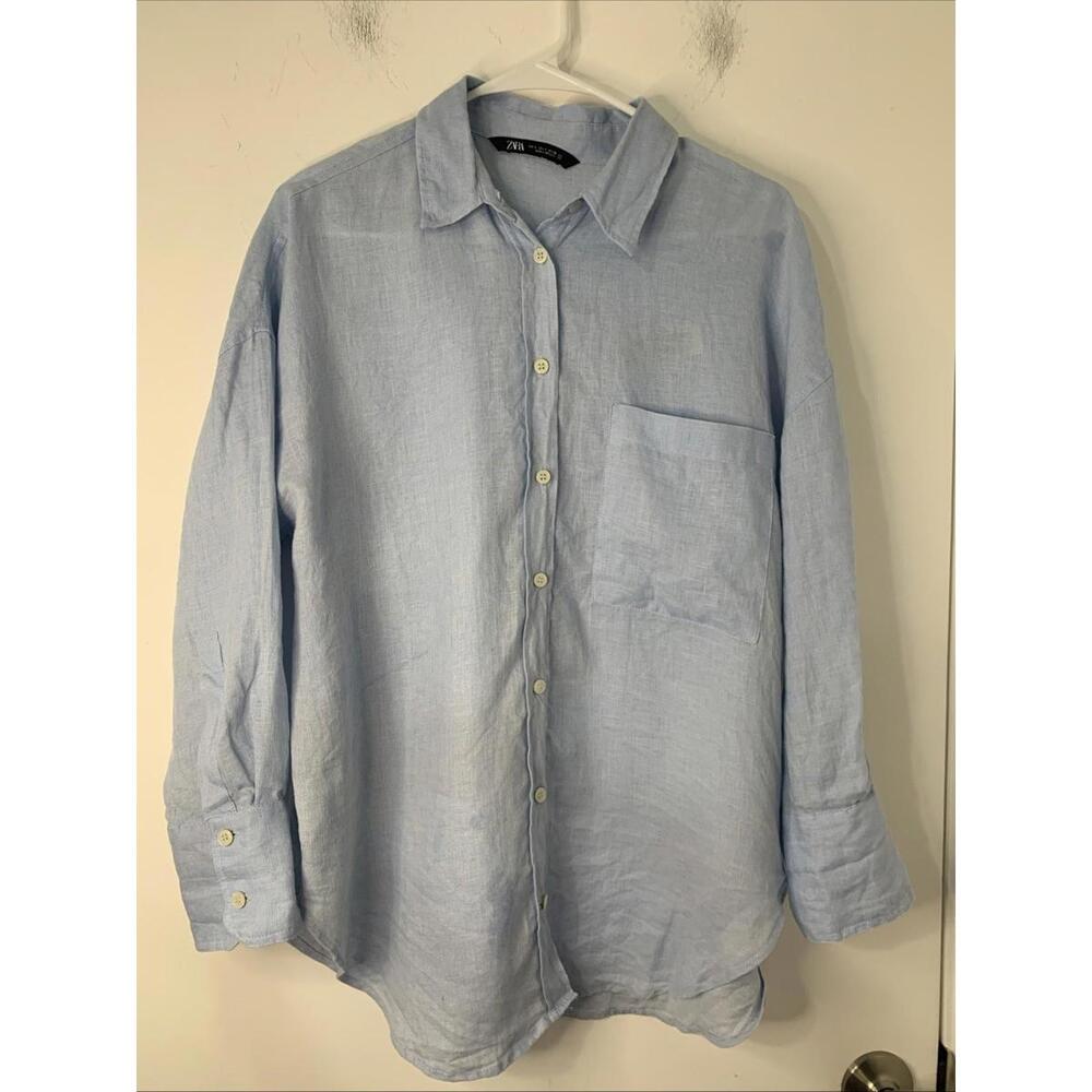 Zara Shirt Women's Small Light Blue Linen Button Up Long Sleeves Coastal Beach